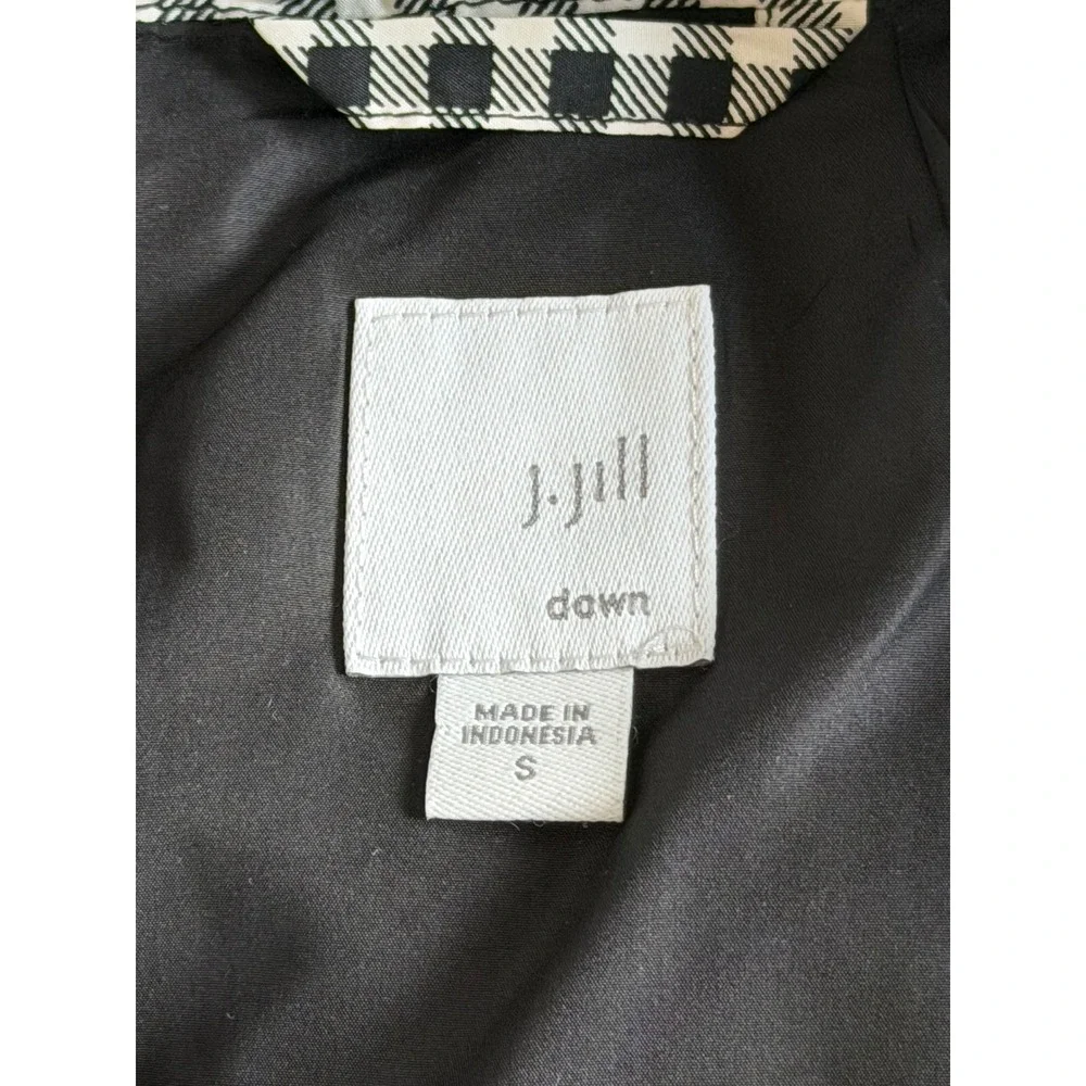 Women's J Jill Sz Small Down Fill Puffer Vest Black White Check Lightweight Cozy